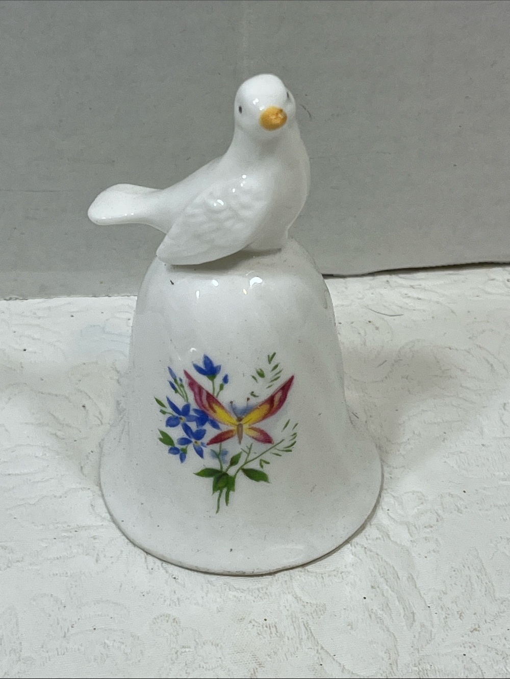 VTG White Porcelain Bird Wedding Anniversary Bell with Floral Accent 3.8” Tall